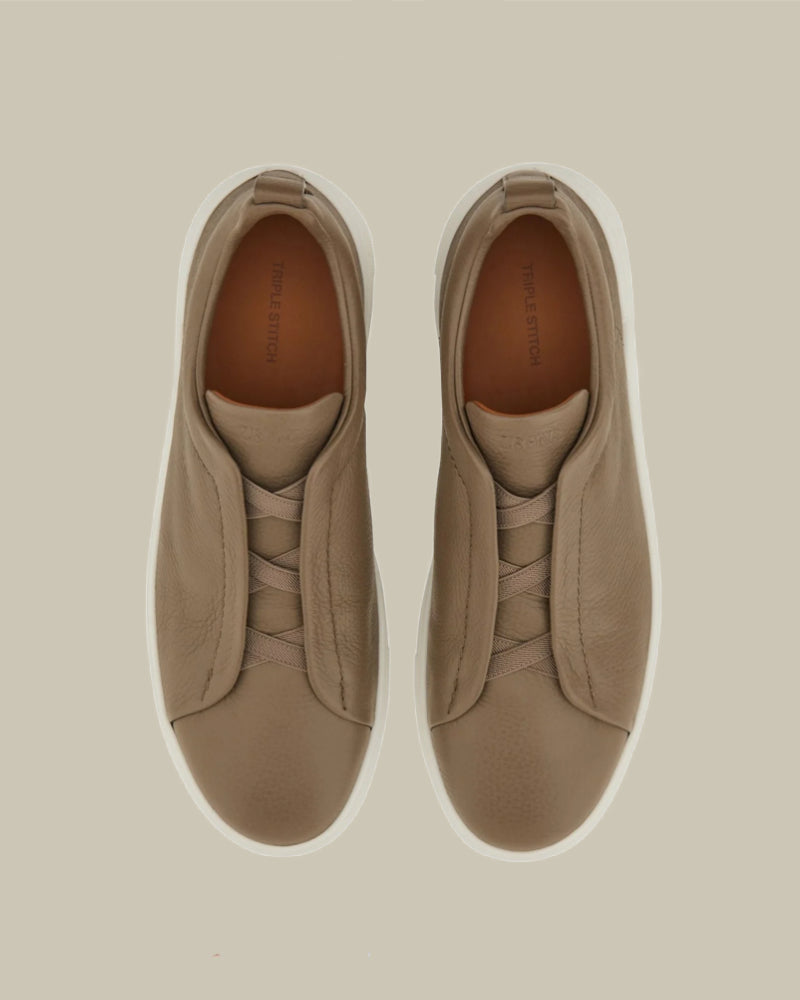 Taupe Deerskin Triple Stitch Sneaker