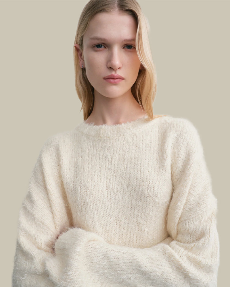 Off White Tussah Textured Silk Crew Neck