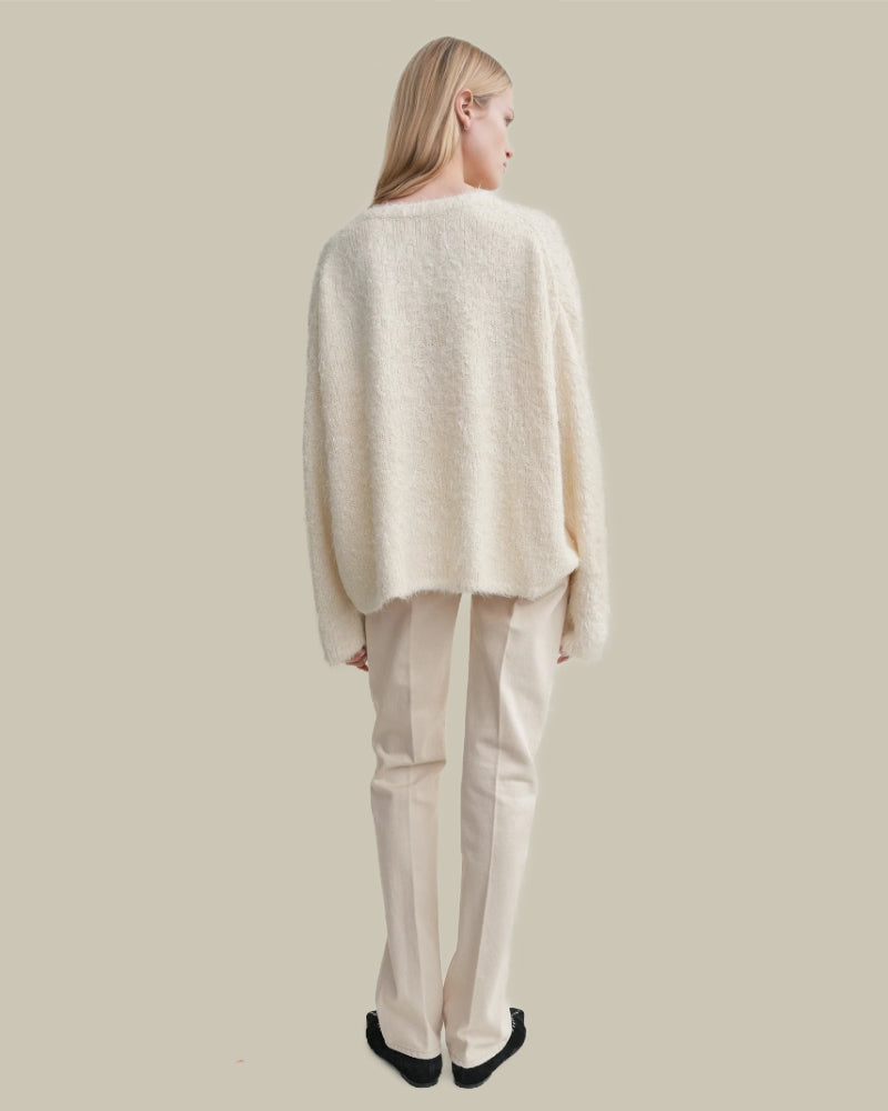 Off White Tussah Textured Silk Crew Neck