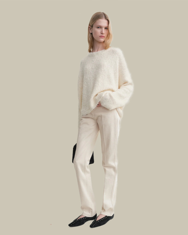 Off White Tussah Textured Silk Crew Neck