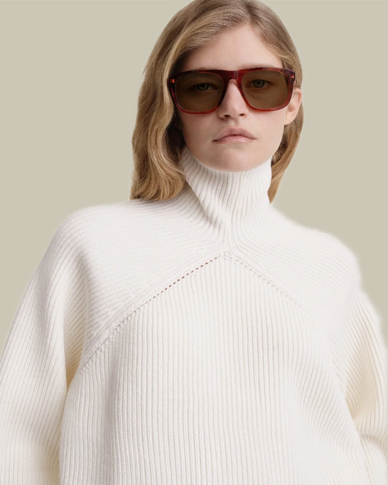 White Ribbed Chimney Knit Cotton Blend Jumper