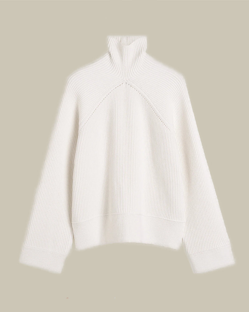White Ribbed Chimney Knit Cotton Blend Jumper