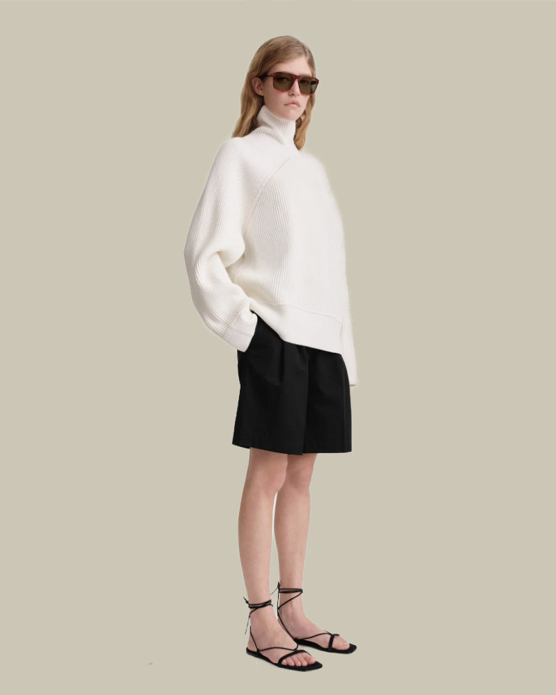 White Ribbed Chimney Knit Cotton Blend Jumper