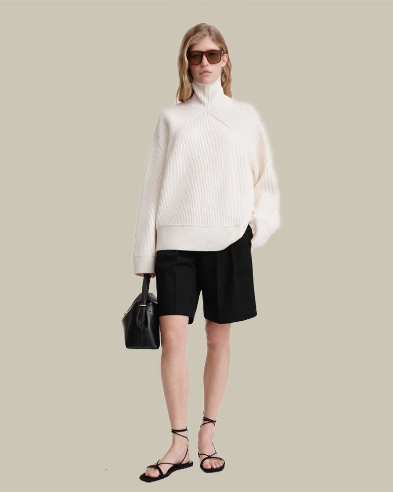 White Ribbed Chimney Knit Cotton Blend Jumper