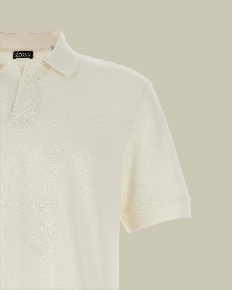 Off White Cotton & Cashmere Pique Skipper Polo
