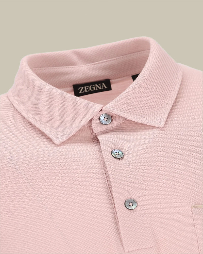 Pure Cotton Pique Pink Polo With Suede Piping Chest Pocket