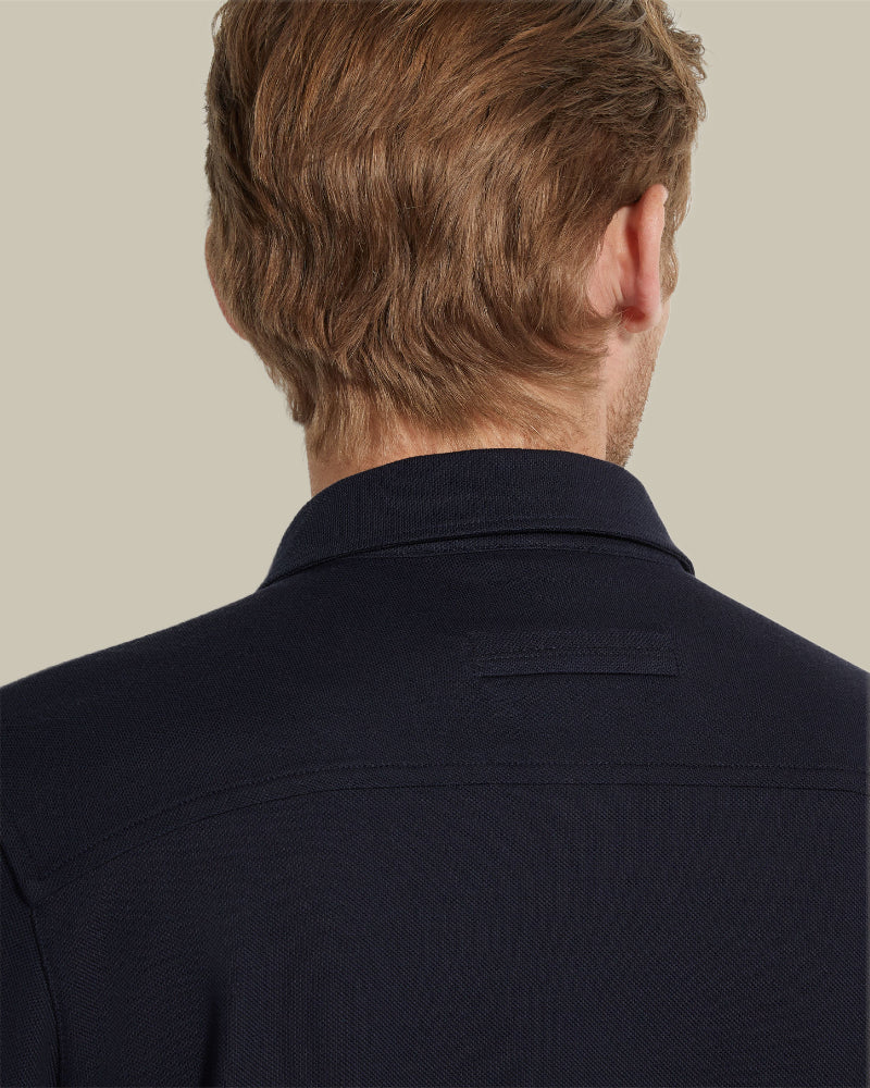 Navy Pure Cotton Pique Long Sleeve Polo Suede Piping