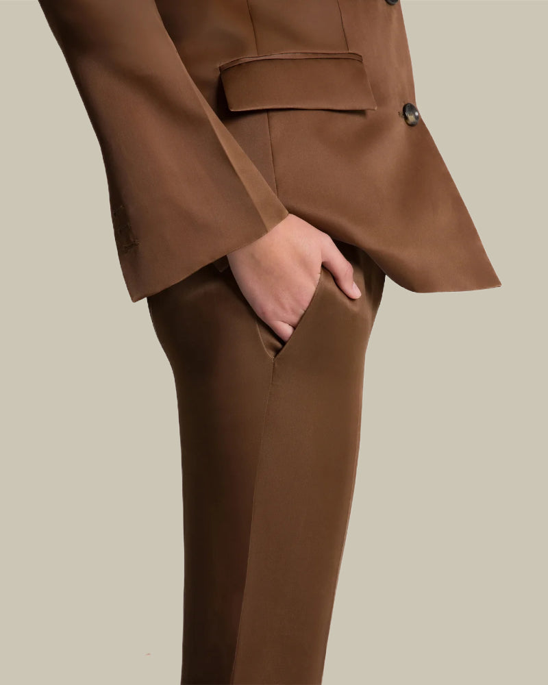 Brown Straight Leg Silk Trousers