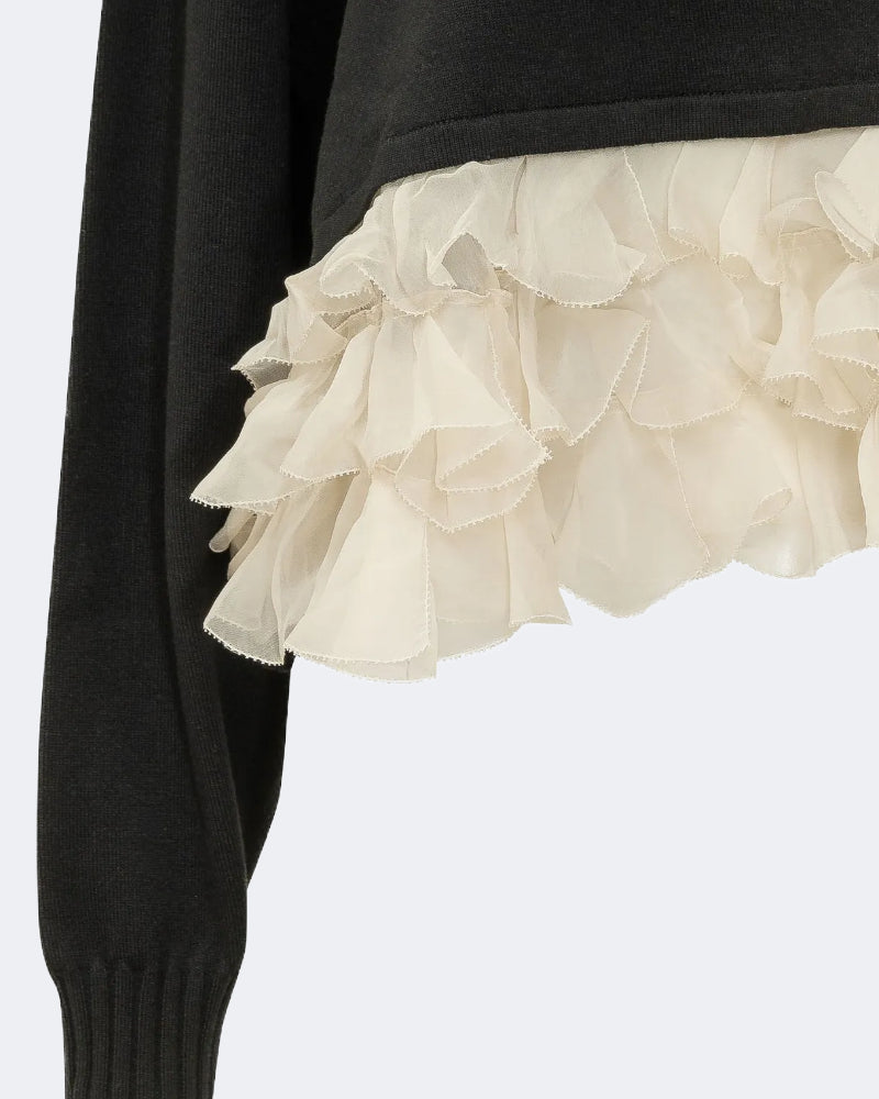 Dark Green Merino Wool Sweater with Ivory Chiffon Ruffles