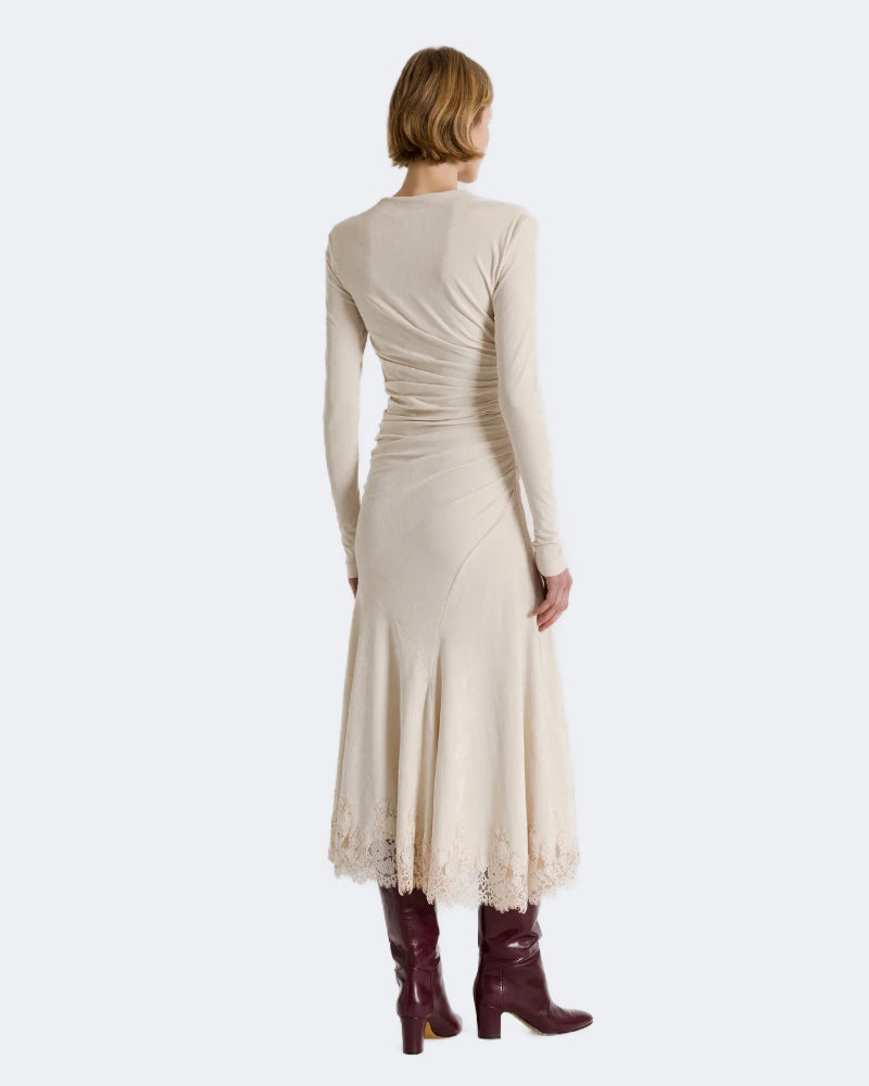 Gathered Midi Dress With Lace Trim