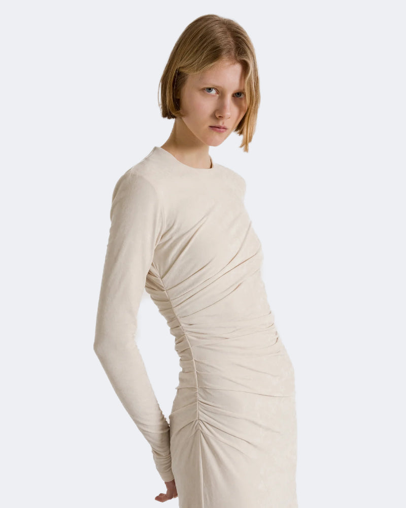 Gathered Midi Dress With Lace Trim
