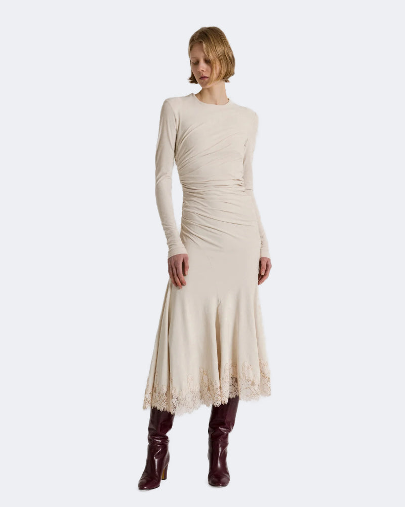 Gathered Midi Dress With Lace Trim