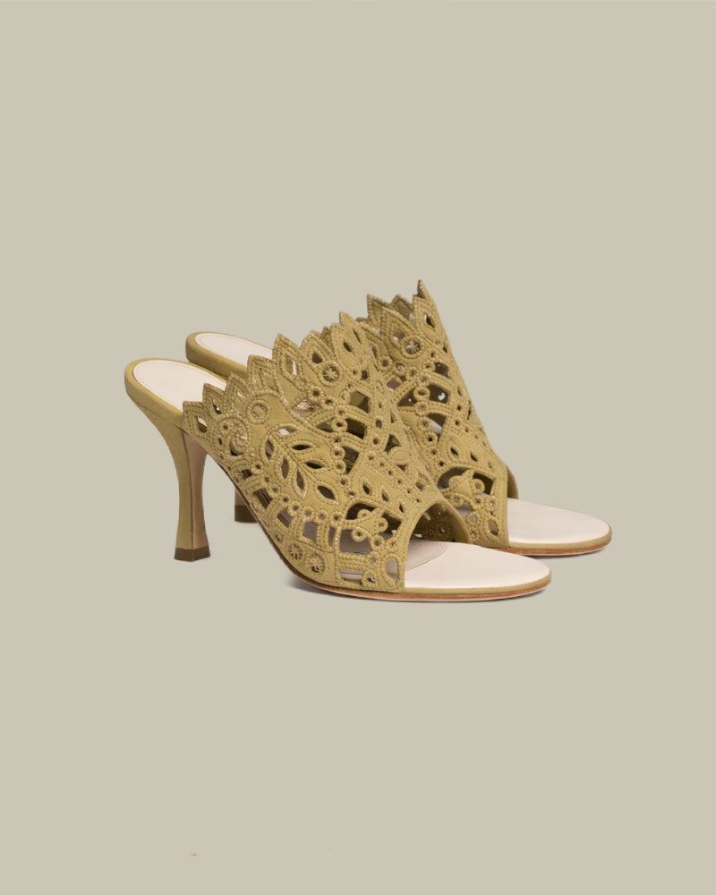 Khaki Mules With Broderie Anglaise