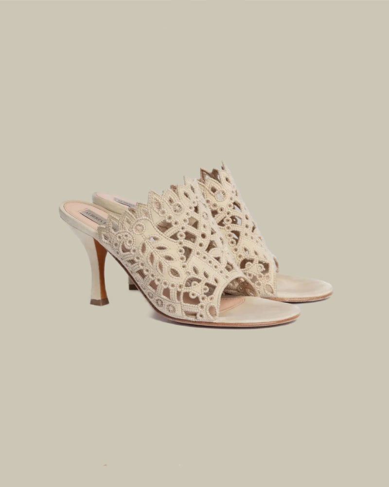 Beige Mules With Broderie Anglaise