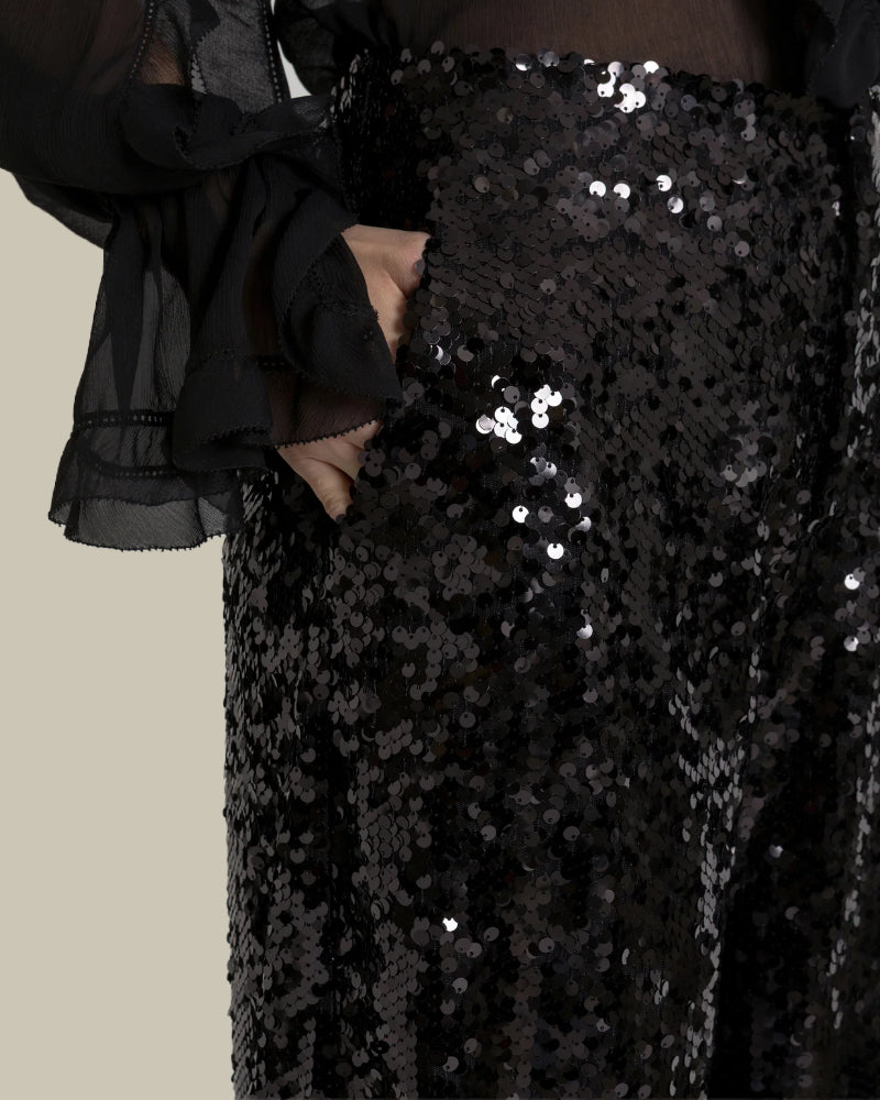 Wide Leg Sequin Trousers Black
