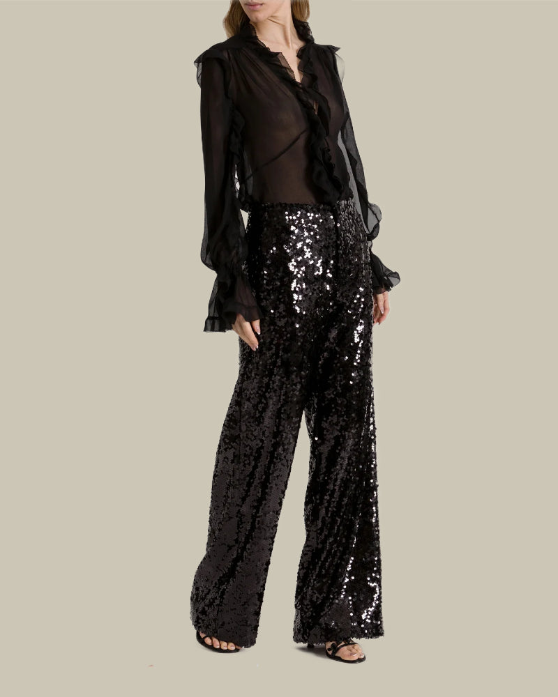Wide Leg Sequin Trousers Black