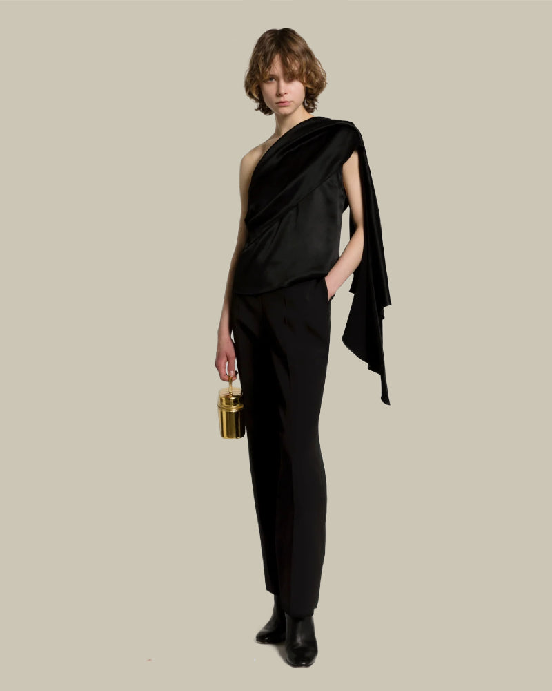Black Satin One Shoulder Top With Drape