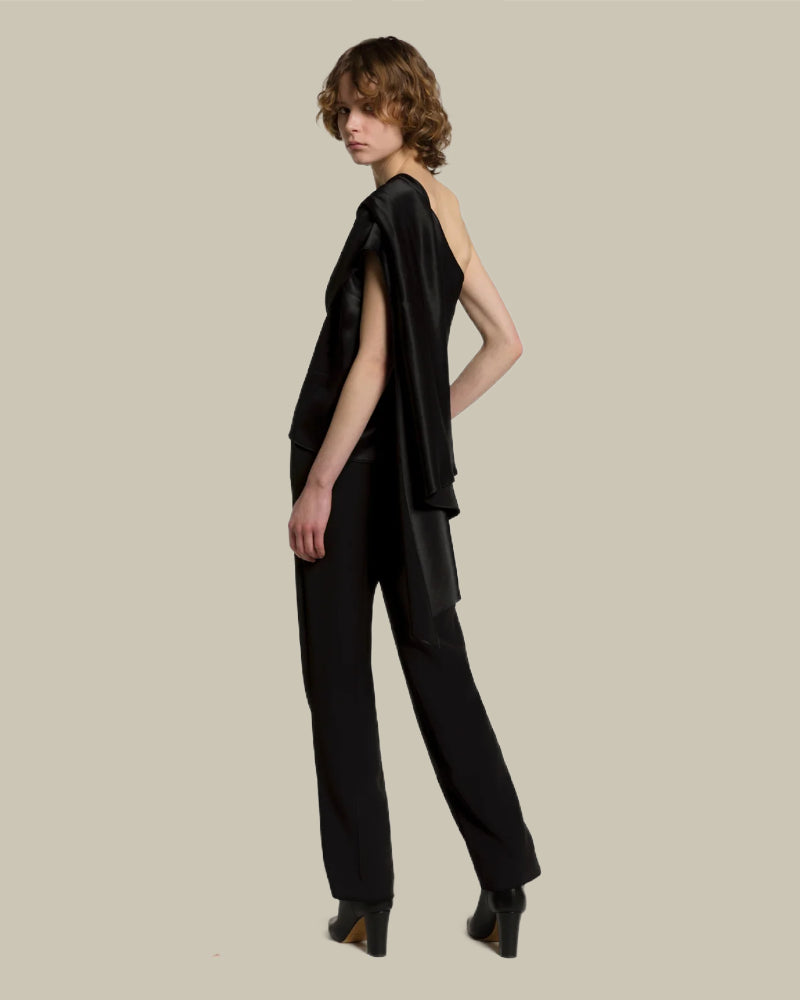 Black Satin One Shoulder Top With Drape