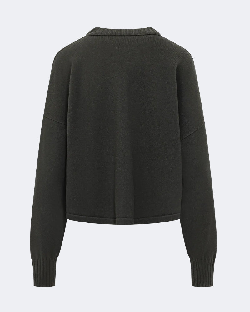Dark Green Merino Wool Sweater with Ivory Chiffon Ruffles