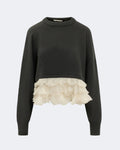 Dark Green Merino Wool Sweater with Ivory Chiffon Ruffles