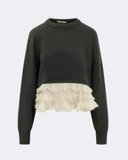 Dark Green Merino Wool Sweater with Ivory Chiffon Ruffles