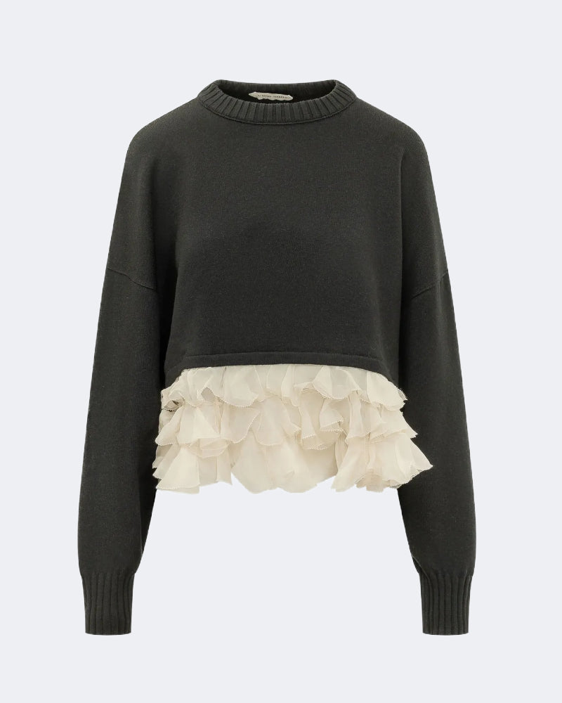 Dark Green Merino Wool Sweater with Ivory Chiffon Ruffles
