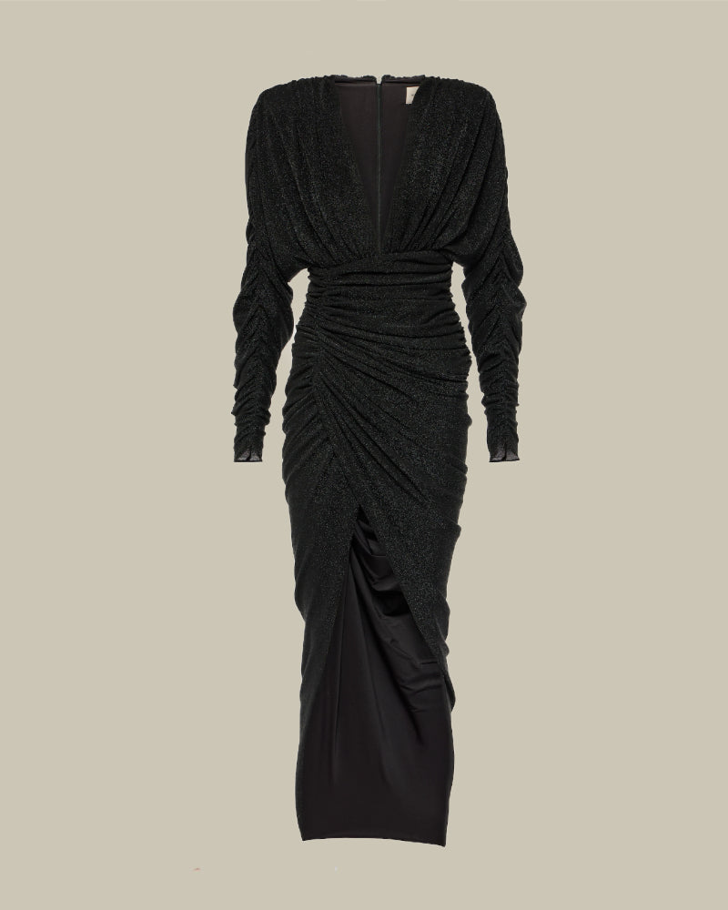 Metallic Stretch Jersey Long Black Dress