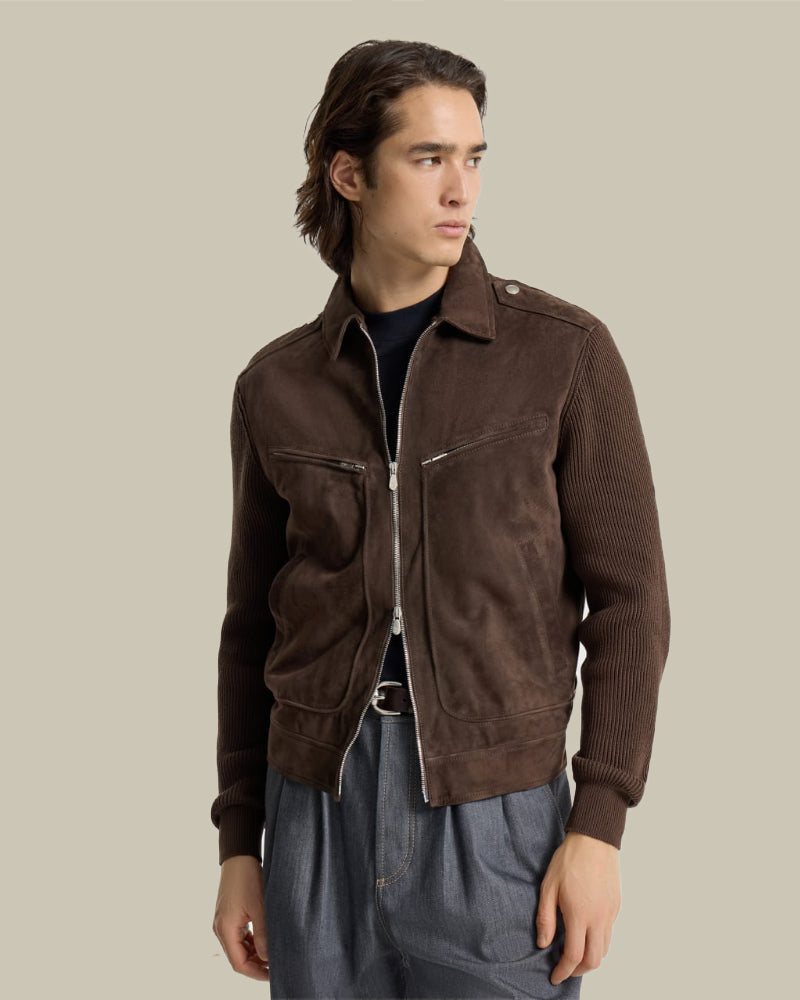 Espresso Suede Front Hybrid Knit Jacket
