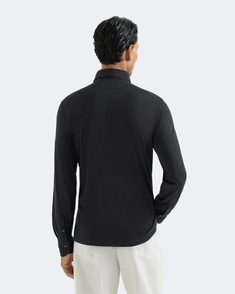 Navy Blue Silk & Cotton Lightweight Jersey Long Sleeve Polo
