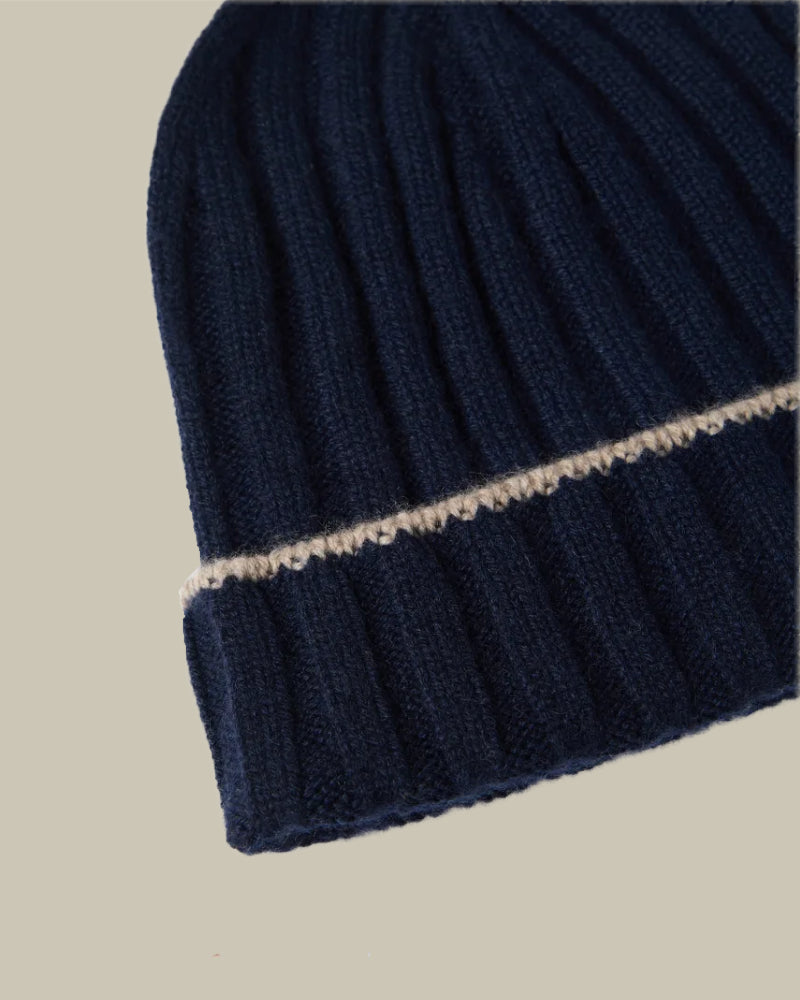 Navy Pure Cashmere Cable Knit Beanie Hat