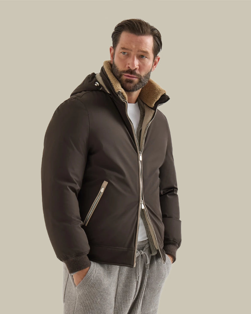 Brown Stretch Bonded Nylon Down Jacket