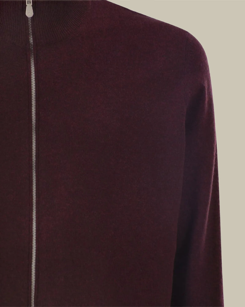 Burgundy Cashmere High Neck Zip Cardigan