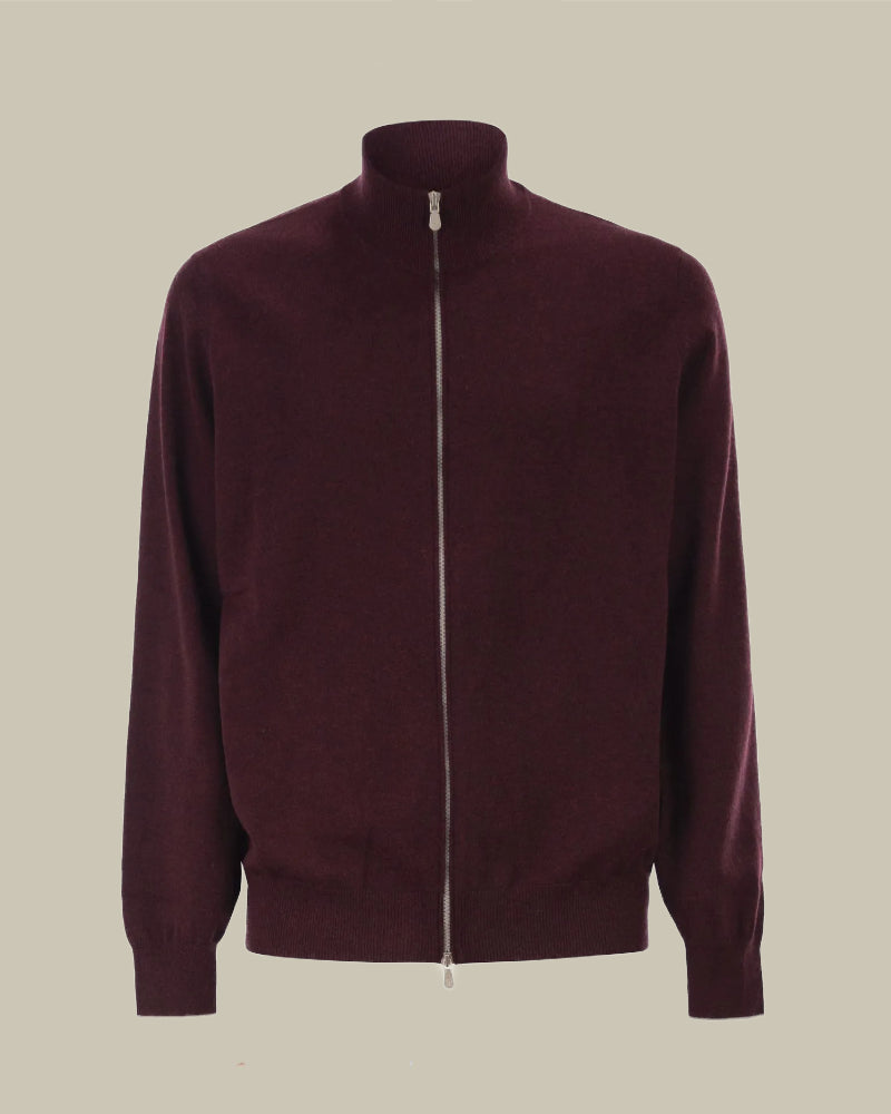 Burgundy Cashmere High Neck Zip Cardigan