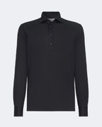 Navy Blue Silk & Cotton Lightweight Jersey Long Sleeve Polo