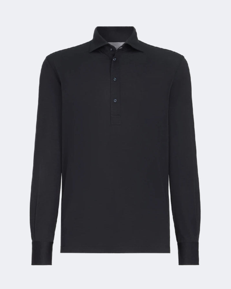 Navy Blue Silk & Cotton Lightweight Jersey Long Sleeve Polo