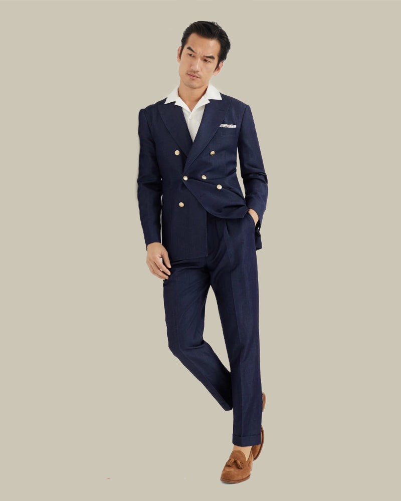 Double Breasted Brass Button Linen Blend Suit