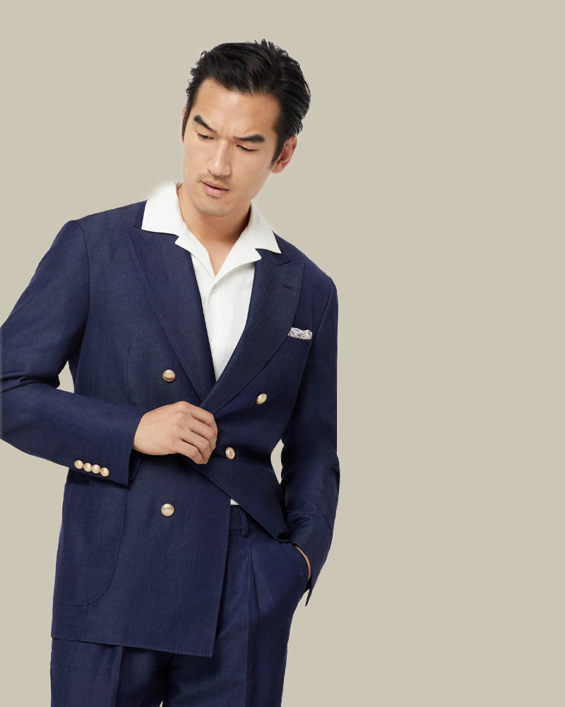 Double Breasted Brass Button Linen Blend Suit