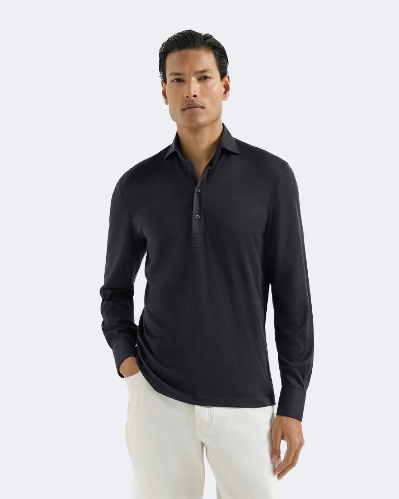 Navy Blue Silk & Cotton Lightweight Jersey Long Sleeve Polo