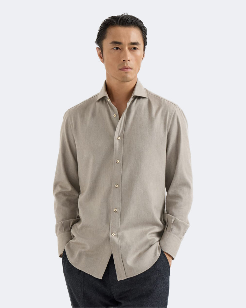 Beige Brushed Cotton Shirt With Spread Collar