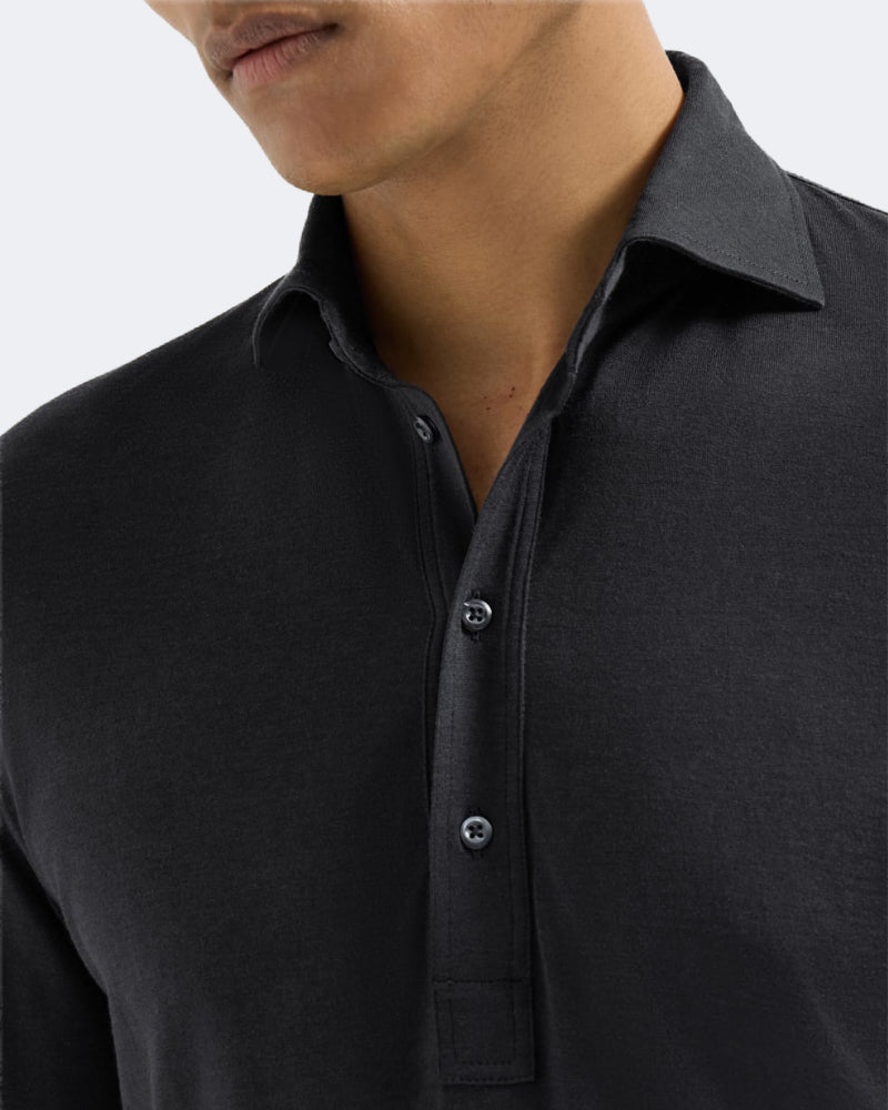 Navy Blue Silk & Cotton Lightweight Jersey Long Sleeve Polo