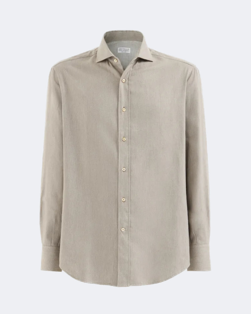 Beige Brushed Cotton Shirt With Spread Collar