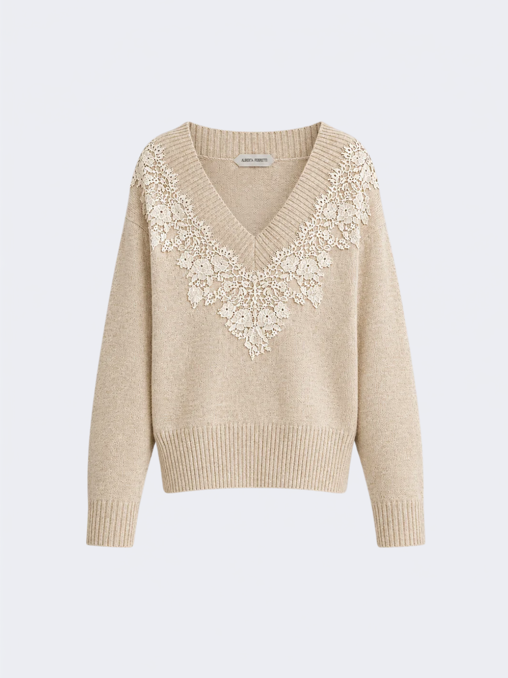 Beige Cashmere V-neck Sweater With Lace Insert