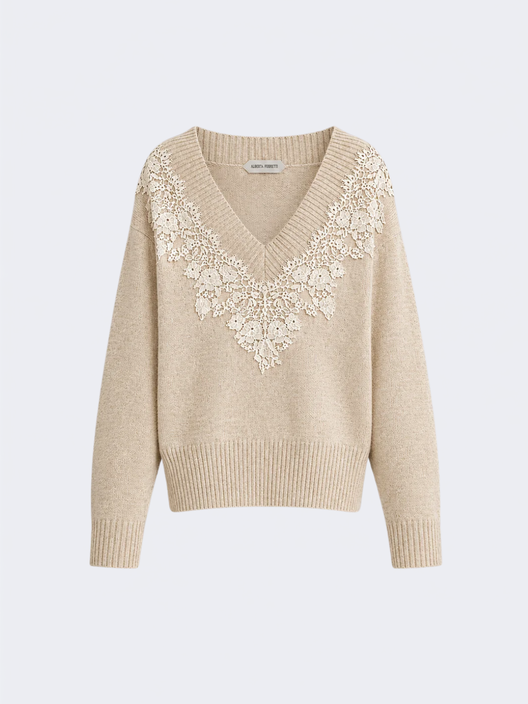 Beige Cashmere V-neck Sweater With Lace Insert