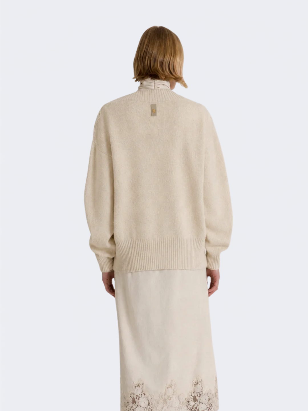 Beige Cashmere V-neck Sweater With Lace Insert