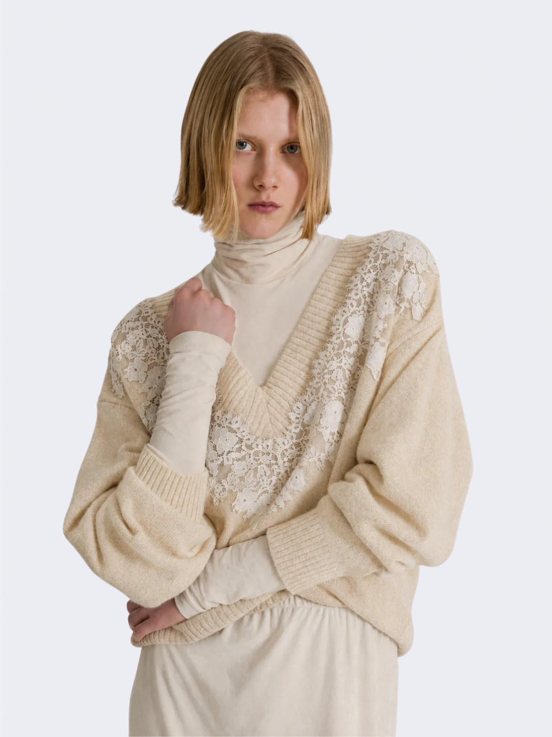 Grey Cashmere V neck sweater With Lace Insert