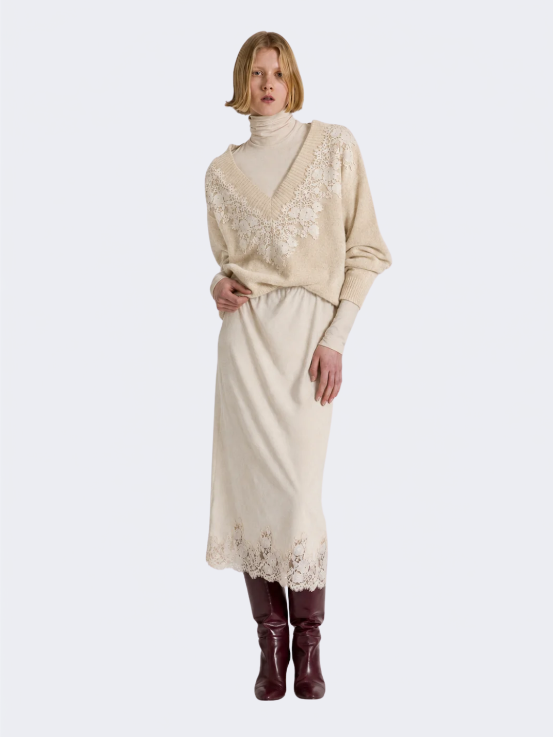 Beige Cashmere V-neck Sweater With Lace Insert