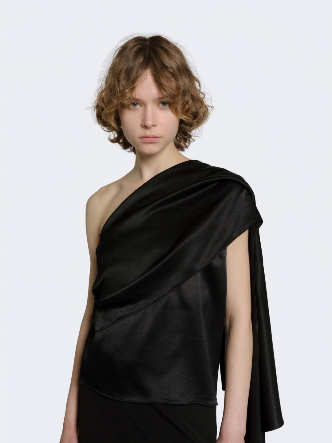 Black Satin One Shoulder Top With Drape