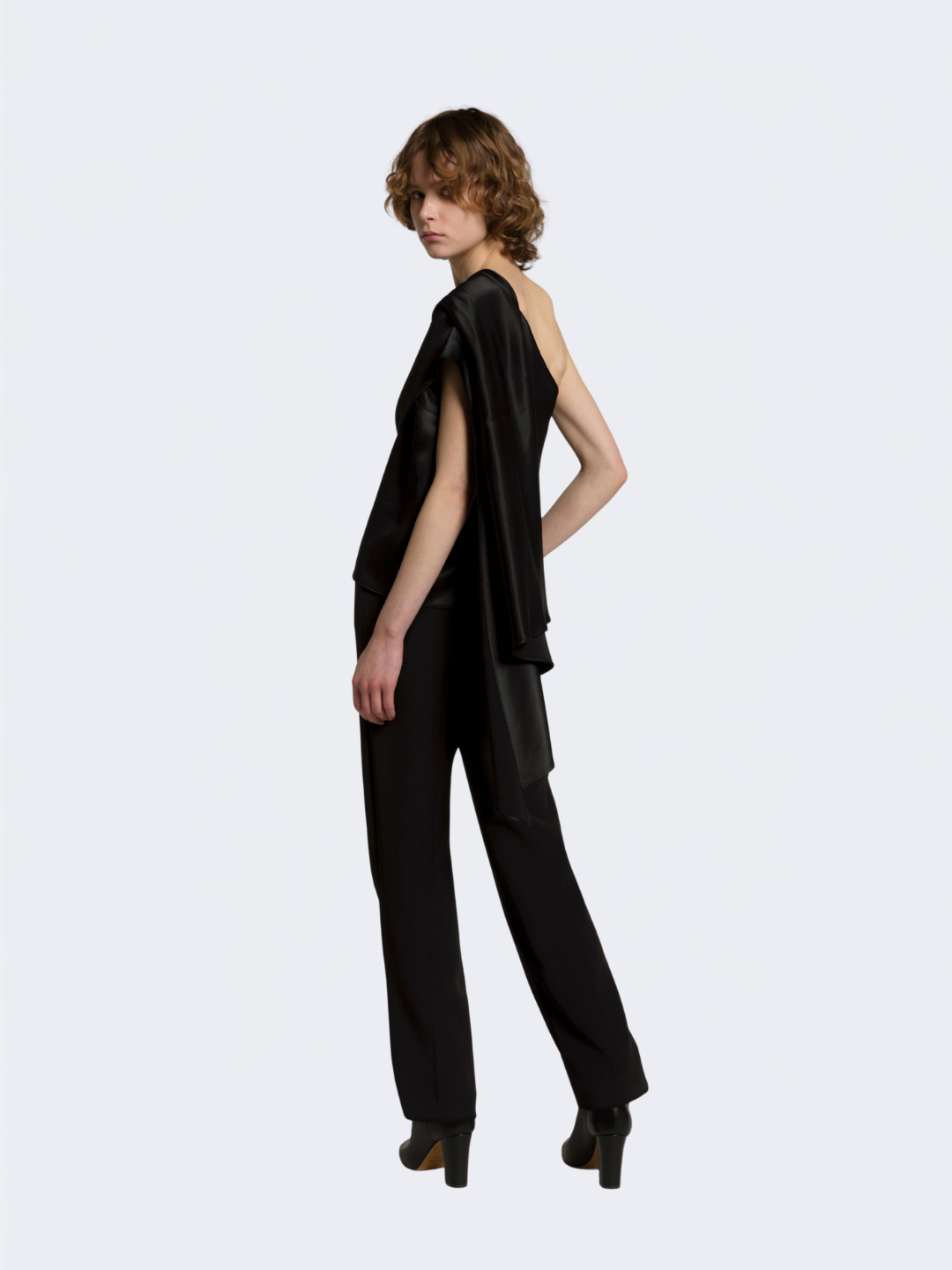 Black Satin One Shoulder Top With Drape