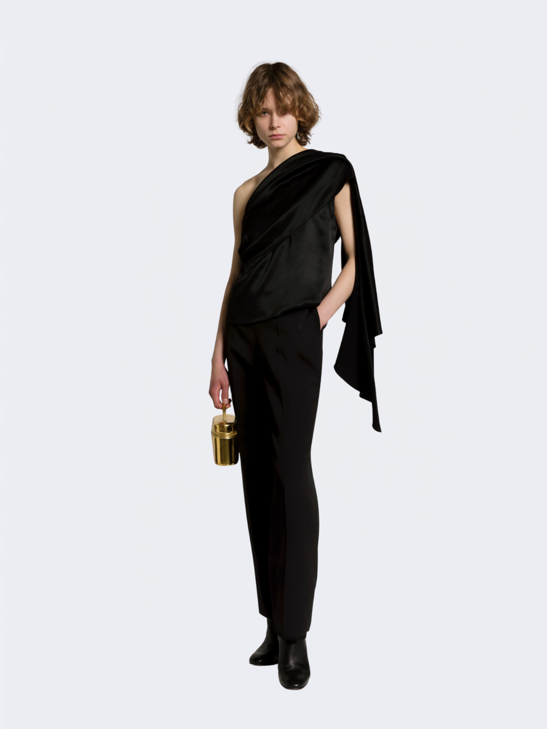 Black Satin One Shoulder Top With Drape