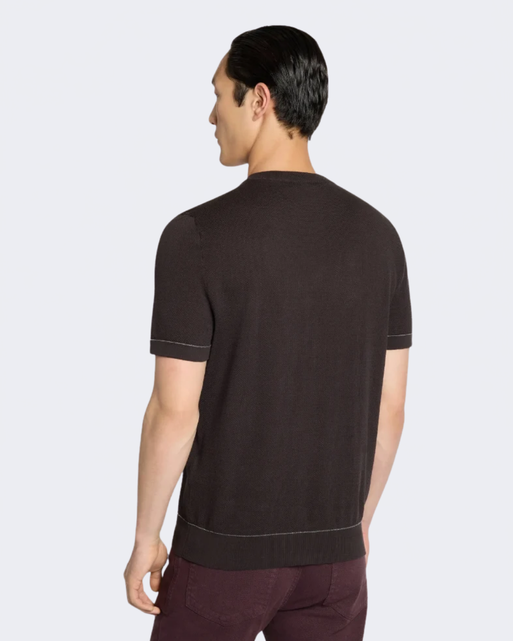 Brown Sea Island Cotton Birdseye Weave Knitted Crew Neck